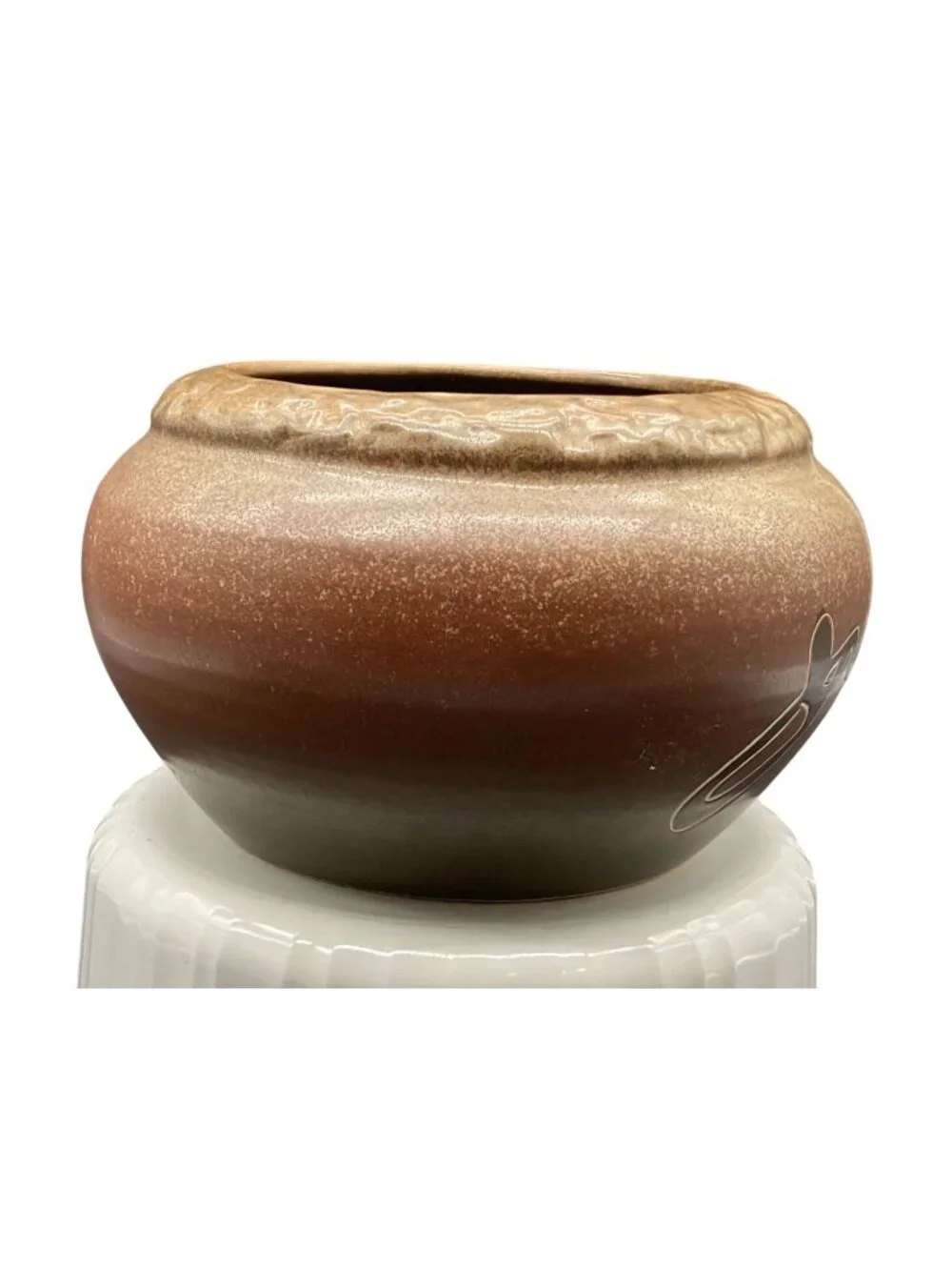 Vintage Brown Ceramic Pot Planter Asian Script 